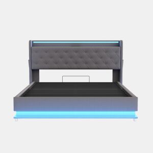 Cama confortável estofada com LED 160x200 cm - com porta de carregamento USB - Tecido de linho - Cinzento