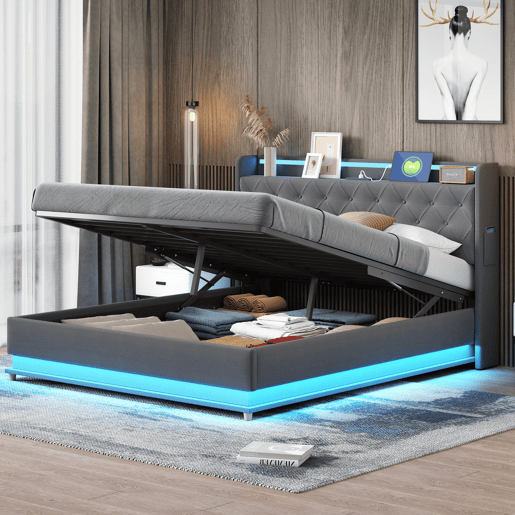 Cama confortável estofada com LED 160x200 cm - com porta de carregamento USB - Tecido de linho - Cinzento