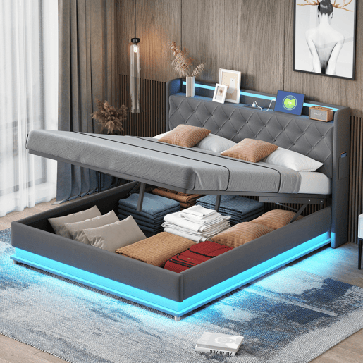Cama confortável estofada com LED 160x200 cm - com porta de carregamento USB - Tecido de linho - Cinzento