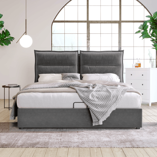 Cama de casal 140x200 - Cabeceira ajustável, arrumação, estrutura metálica, veludo - Cinza