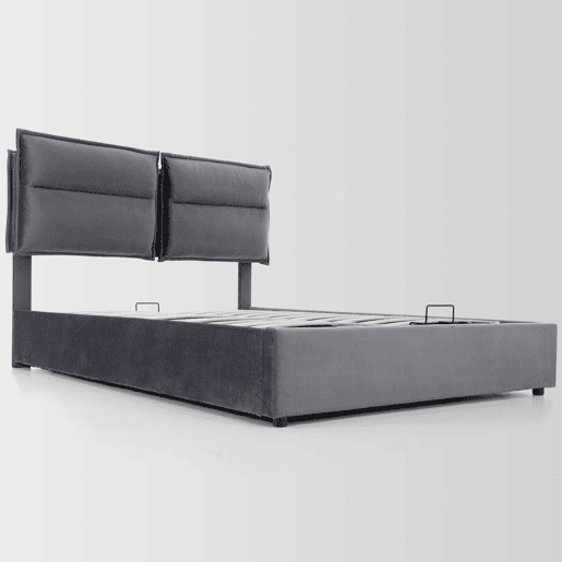 Cama de casal 140x200 - Cabeceira ajustável, arrumação, estrutura metálica, veludo - Cinza