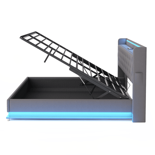 Baú iluminado estofado LED 140x200 cm - com porta de carregamento USB - Tecido de linho - Cinzento