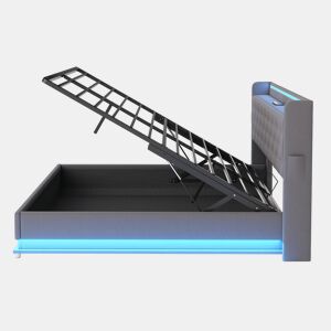 Baú iluminado estofado LED 140x200 cm - com porta de carregamento USB - Tecido de linho - Cinzento
