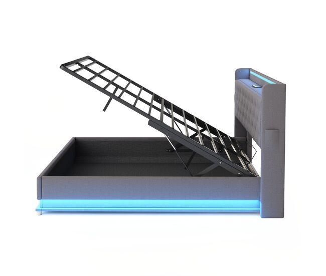Baúl iluminado tapizado con led 140x200 cm - con puerto de carga usb - tela lino - gris