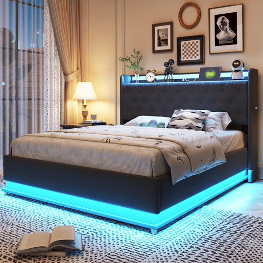 Baú iluminado estofado LED 140x200 cm - com porta de carregamento USB - Tecido de linho - Cinzento