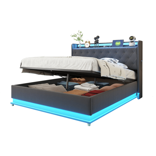 Baú iluminado estofado LED 140x200 cm - com porta de carregamento USB - Tecido de linho - Cinzento