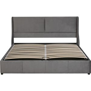 Cama para arrumação estofada 160x200cm em veludo - cama para arrumação com estrado de ripas - Cinzento
