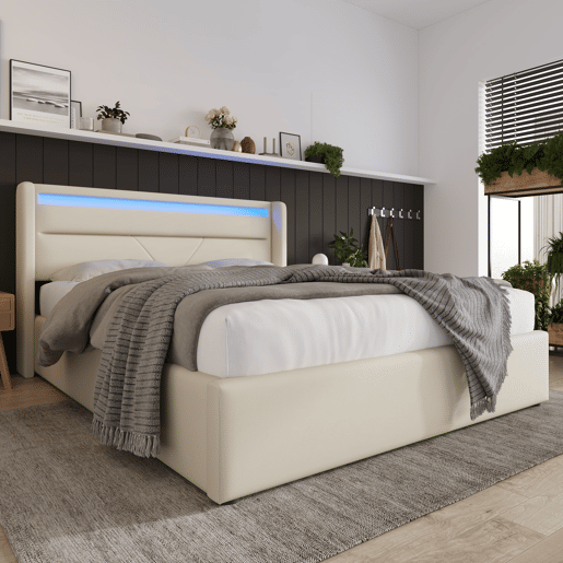 Cama estofada 160x200 - com LED e arrumação - Branco