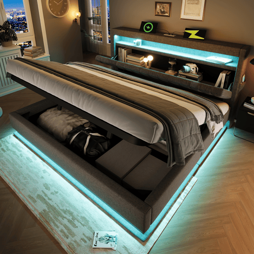 Cama estofada 140x200 cm - Cabeceira com arrumação, portas USB e Type-C, iluminação LED, com arrumação hidráulica - Cinza