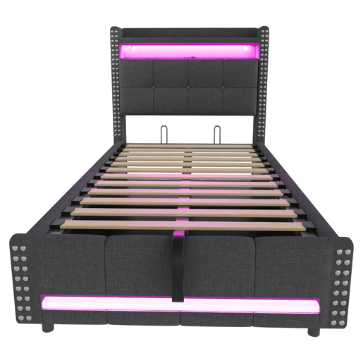 Cama infantil 90x200 cm - com LED, USB, armazenamento hidráulico e prateleiras - Cinza