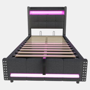 Cama infantil 90x200 cm - com LED, USB, armazenamento hidráulico e prateleiras - Cinza
