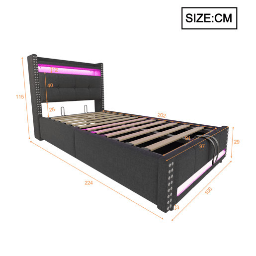 Cama infantil 90x200 cm - com LED, USB, armazenamento hidráulico e prateleiras - Cinza