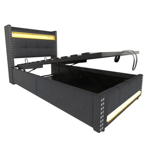 Cama infantil 90x200 cm - com LED, USB, armazenamento hidráulico e prateleiras - Cinza
