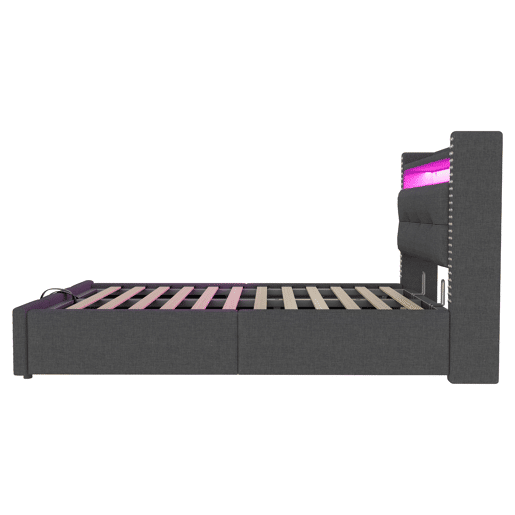 Cama infantil 90x200 cm - com LED, USB, armazenamento hidráulico e prateleiras - Cinza