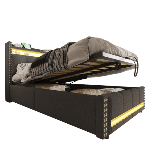 Cama infantil 90x200 cm - com LED, USB, armazenamento hidráulico e prateleiras - Cinza