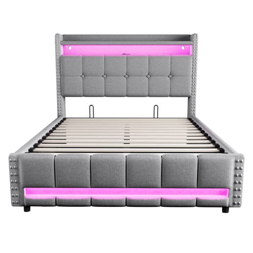 Cama estofada 140*200 - com LED, USB, cabeceira com prateleiras e arrumação, hidráulica para arrumação - Cinza Claro