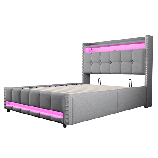 Cama estofada 140*200 - com LED, USB, cabeceira com prateleiras e arrumação, hidráulica para arrumação - Cinza Claro
