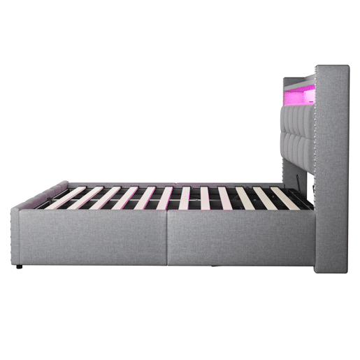 Cama estofada 140*200 - com LED, USB, cabeceira com prateleiras e arrumação, hidráulica para arrumação - Cinza Claro