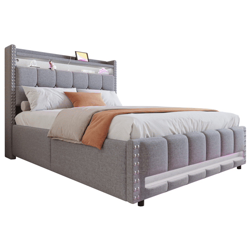 Cama estofada 140*200 - com LED, USB, cabeceira com prateleiras e arrumação, hidráulica para arrumação - Cinza Claro