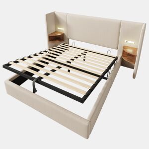 Cama estofada 160×200 - com mesinha, candeeiro de leitura e USB Type-C, arrumação, estrutura em madeira e metal - Bege