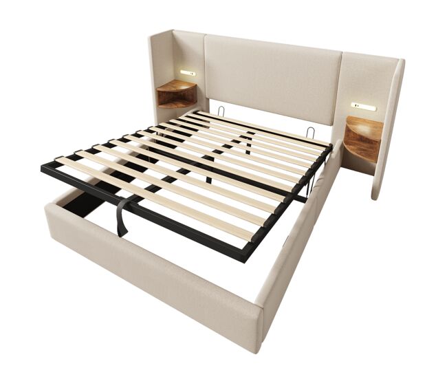 Cama tapizada 160×200 - con mesita, lámpara de lectura y usb type-c, almacenamiento, estructura madera y metal - beige