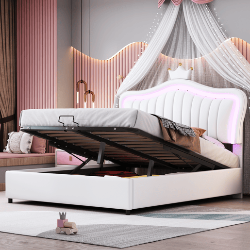 Cama contentora em pele sintética 140x200 cm - com LED e estrado - Branco