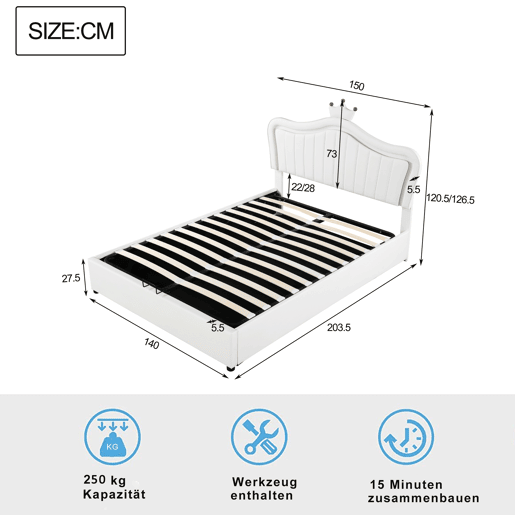 Cama contentora em pele sintética 140x200 cm - com LED e estrado - Branco