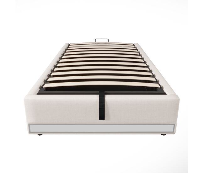 Cama con almacenamiento 90x200cm - led con mando a distancia, usb y tipo-c, sin cabecera, función hidráulica - beige