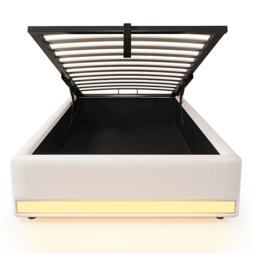 Cama com arrumação 90x200cm - LED com comando à distância, USB e Tipo-C, sem cabeceira, função hidráulica - Bege