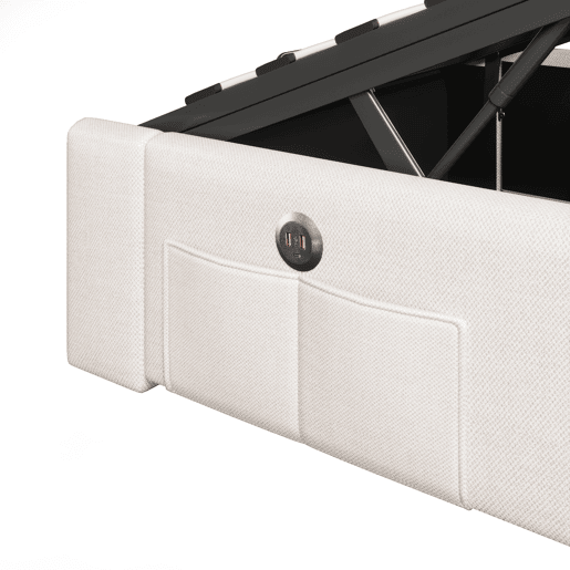 Cama com arrumação 90x200cm - LED com comando à distância, USB e Tipo-C, sem cabeceira, função hidráulica - Bege