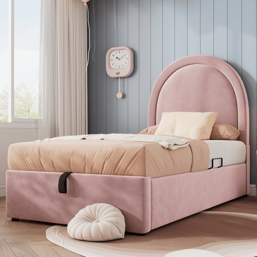 Berço estofado em veludo - 90x190 cm - Com arrumação - Rosa