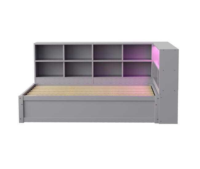 Sofá cama 90*200 - con enchufe múltiple, varios compartimentos de almacenamiento, barra de luz, cama hidráulica, cama de madera maciza, cama