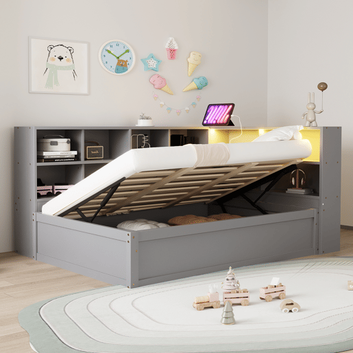 Sofá-cama 90*200 - com tomada múltipla, vários compartimentos de arrumação, barra de luz, cama hidráulica, cama de madeira maciça, cama individual - Cinza