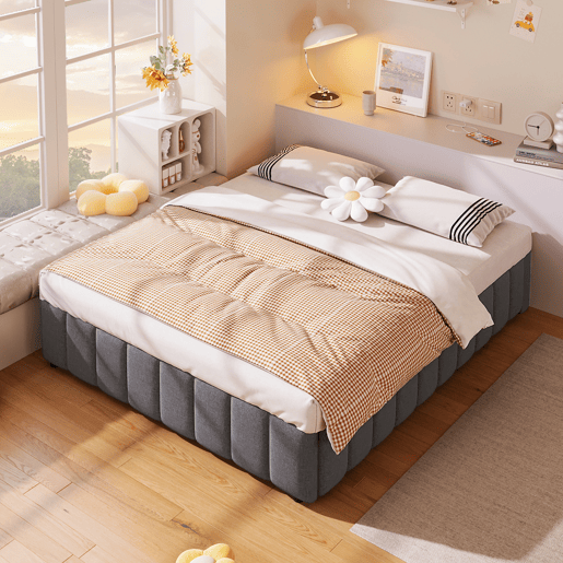 Cama estofada 140x200cm - Armazenamento hidráulico, sem cabeceira, sem colchão - Cinza