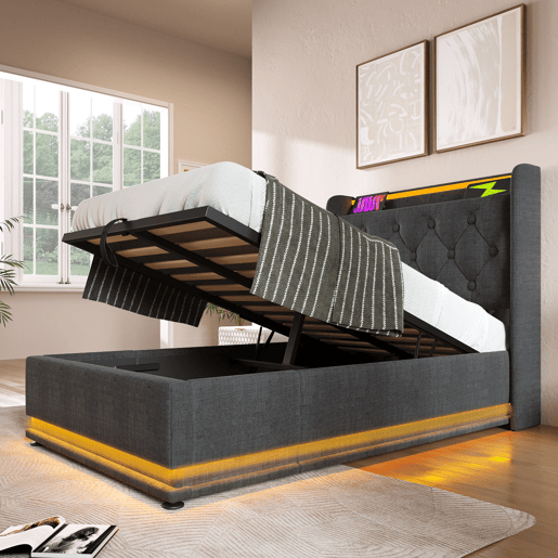 Cama individual estofada 90*200 - LED 360, hidráulica, cabeceira acolchoada com USB Tipo-C - Cinza