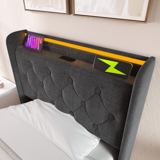 Cama individual estofada 90*200 - LED 360, hidráulica, cabeceira acolchoada com USB Tipo-C - Cinza