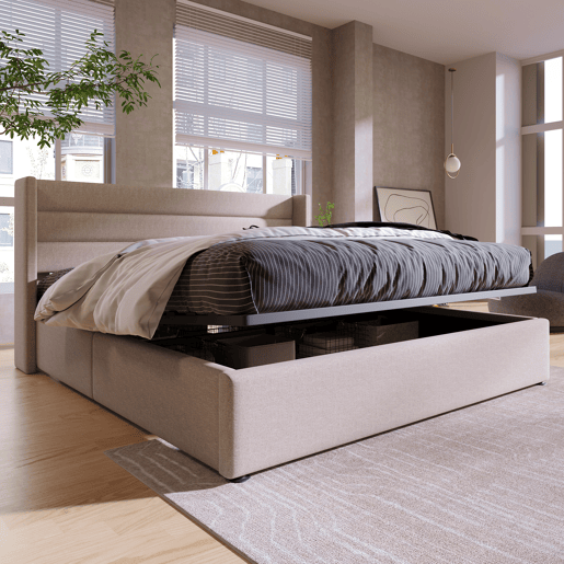 Cama de arrumação em linho 160x200 cm com estrado de ripas - Bege