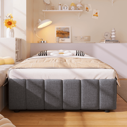 Cama estofada 90x200cm - Armazenamento hidráulico, sem cabeceira, sem colchão - Cinza