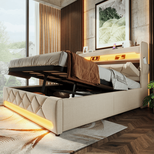 Cama de casal 140x200 - cabeceira com armazenamento USB e porta Tipo C, LED 360° e canapé hidráulico - Bege