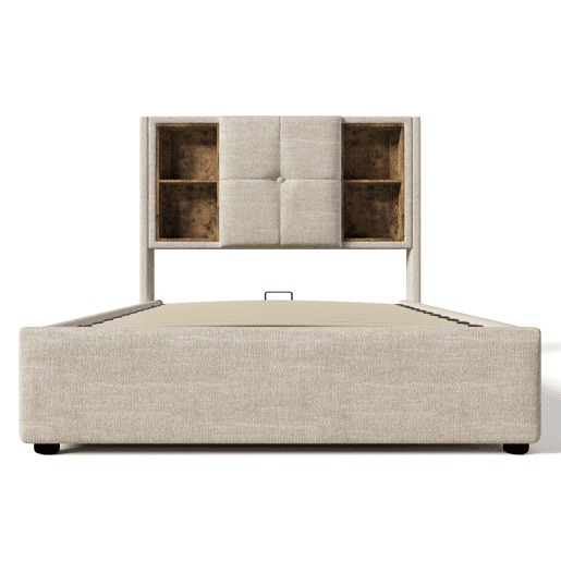 Sofá-cama estofado 90x200 cm - com cabeceira para arrumação e carregamento sem fios - tecido de linho - Bege