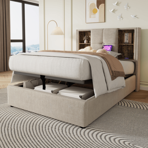 Sofá-cama estofado 90x200 cm - com cabeceira para arrumação e carregamento sem fios - tecido de linho - Bege