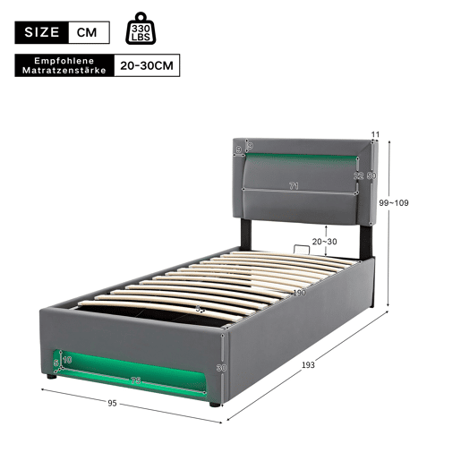 Cama estofada 90x190 - com USB, LED e arrumação, sem colchão - cinzento Cama estofada 90x190 - com USB, LED e arrumação, sem colchão - cinzento