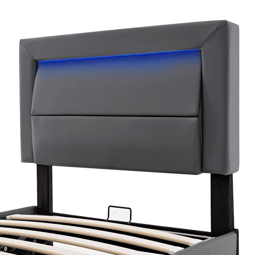 Cama estofada 90x190 - com USB, LED e arrumação, sem colchão - cinzento Cama estofada 90x190 - com USB, LED e arrumação, sem colchão - cinzento