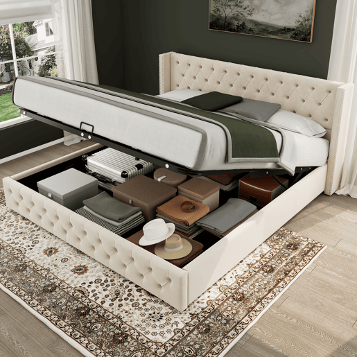 Cama de arrumação em veludo com estrado de ripas 140x200 cm - Bege