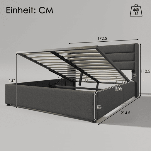 Cama de casal hidráulica 160x200 - estofada, com colchão e estrado de madeira e metal - Cinza