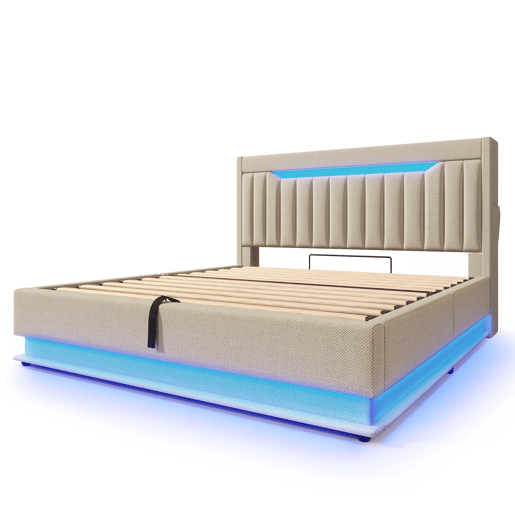 Cama estofada 180x200 cm - Cabeceira com arrumação, portas USB e Tipo C, iluminação LED, espaço hidráulico - Bege