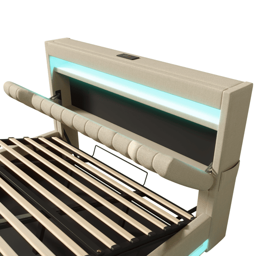 Cama estofada 180x200 cm - Cabeceira com arrumação, portas USB e Tipo C, iluminação LED, espaço hidráulico - Bege