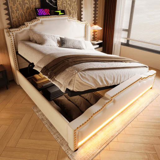 Cama estofada 140x200 - com armazenamento hidráulico, LED e porta USB-C - Bege