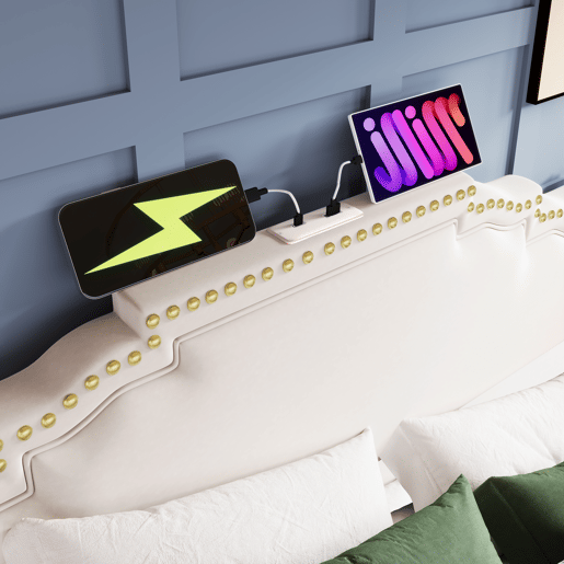 Cama estofada 140x200 - com armazenamento hidráulico, LED e porta USB-C - Bege