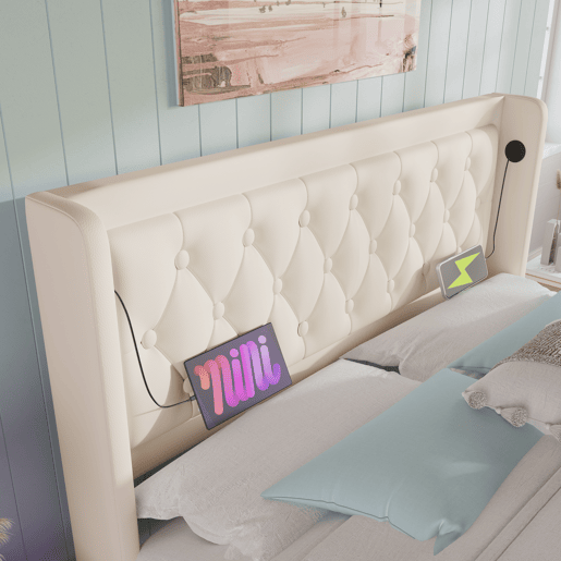 Cama estofada 160x200 - Cama juvenil com função de carregamento USB C, cabeceira e estrutura em linho - Bege